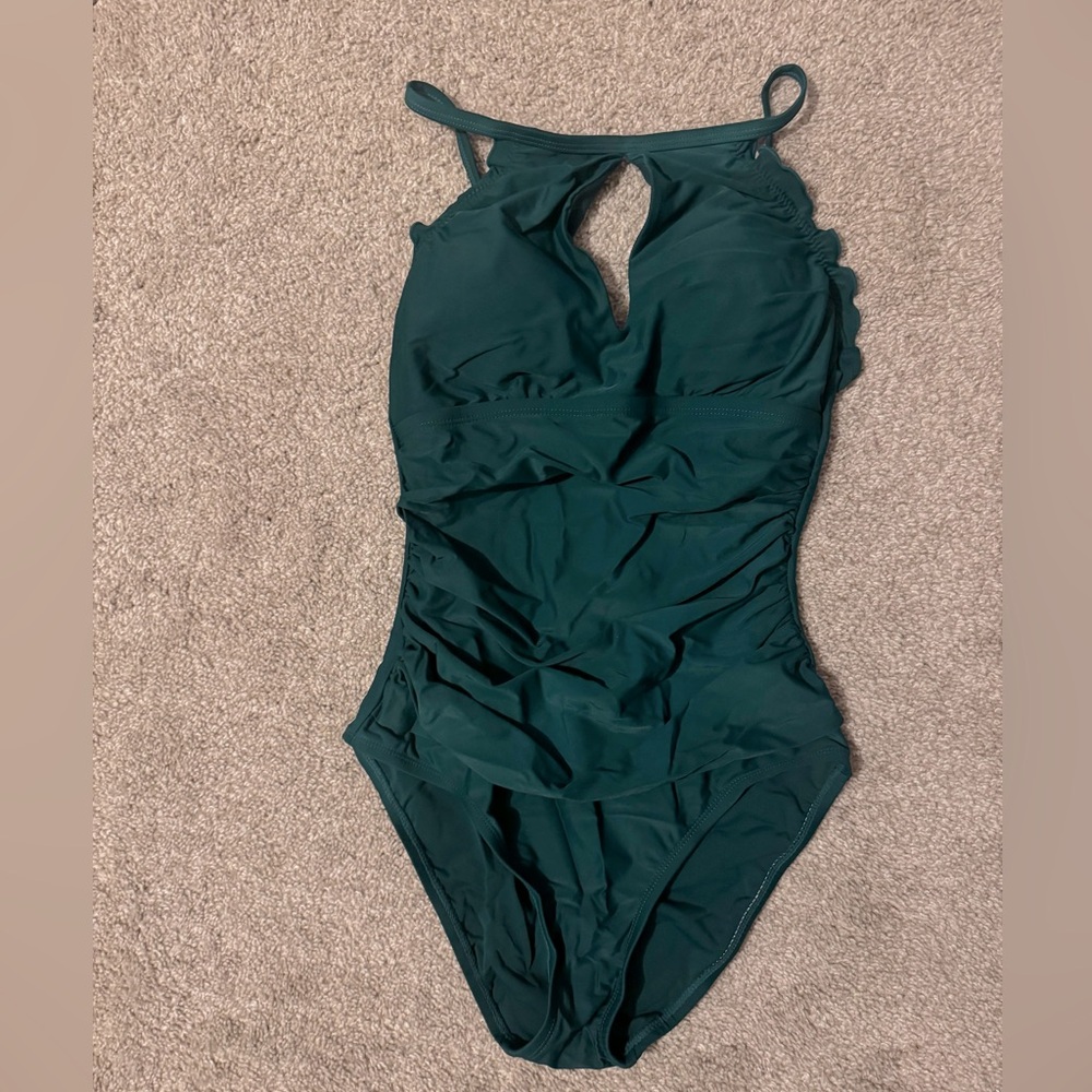 Turquoise Ellen Tracy flattering one-piece swimsuit